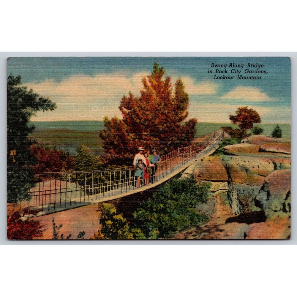 Vintage 1946 Linen Postcard Swing-Along Bridge Rock City Gardens Lookout Mt GA
